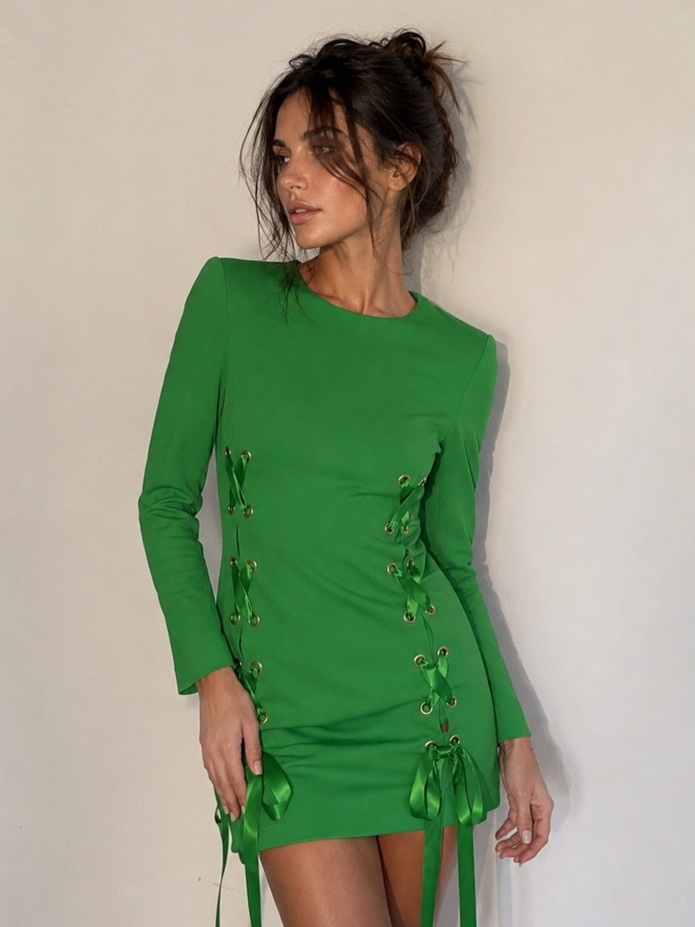 Lacey Lace Up Dress Brand by Wisteria/ Long Sleeve Mini Dress Green / Small NwT